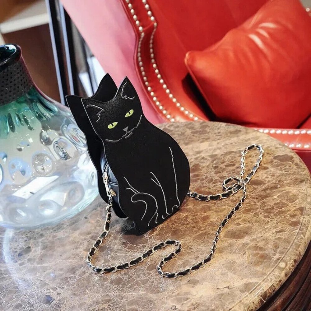 Black Cat Crossbody Chain Bag Pocketbook Purse Fur Mom Lady Faux Leather - Picture 1 of 8